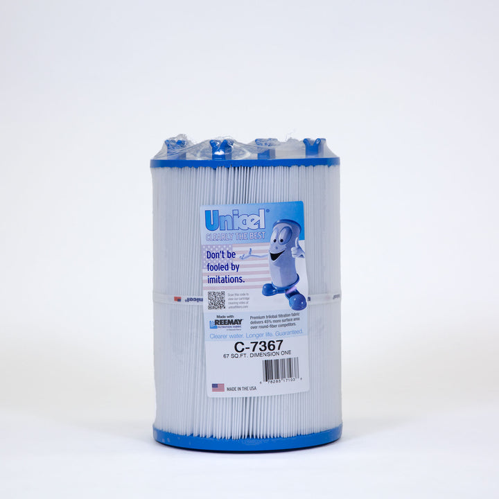 Cylindrical white pool and spa filter cartridge with blue plastic ends and a label featuring a smiling filter cartoon and text