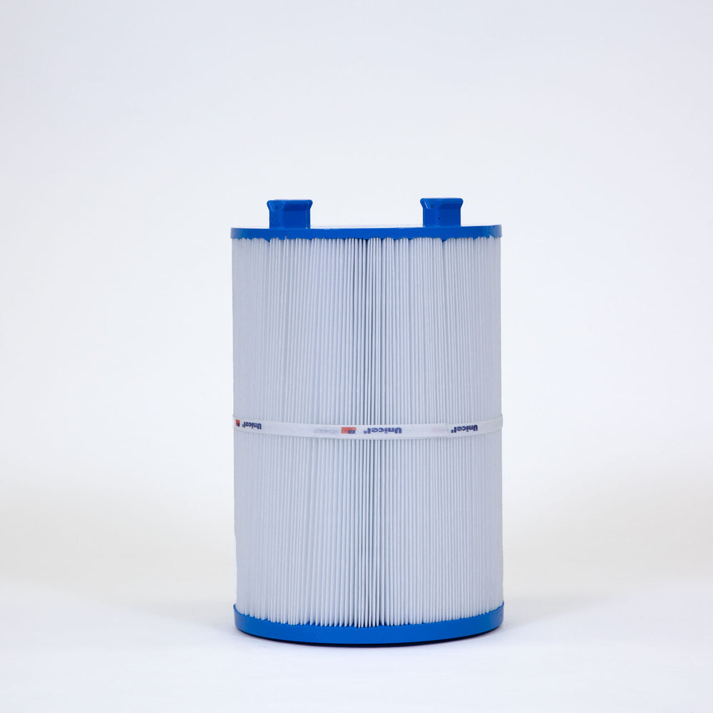 cylindrical white pleated pool and spa filter cartridge with blue end caps and two top tabs for easy handling