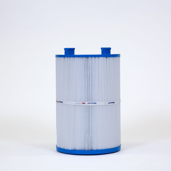 cylindrical white pleated pool and spa filter cartridge with blue end caps and two top tabs for easy handling