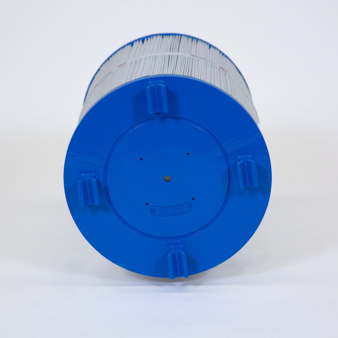 cylindrical pool and spa filter cartridge with blue end cap and pleated white filter material