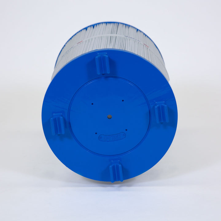 cylindrical pool and spa filter cartridge with blue end cap and pleated white filter material