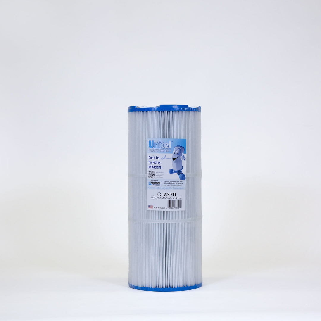 White pleated cylindrical replacement filter cartridge with blue caps and a label featuring a cartoon character