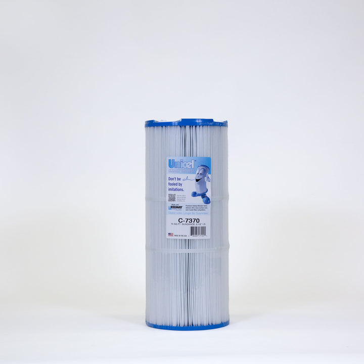 White pleated cylindrical replacement filter cartridge with blue caps and a label featuring a cartoon character