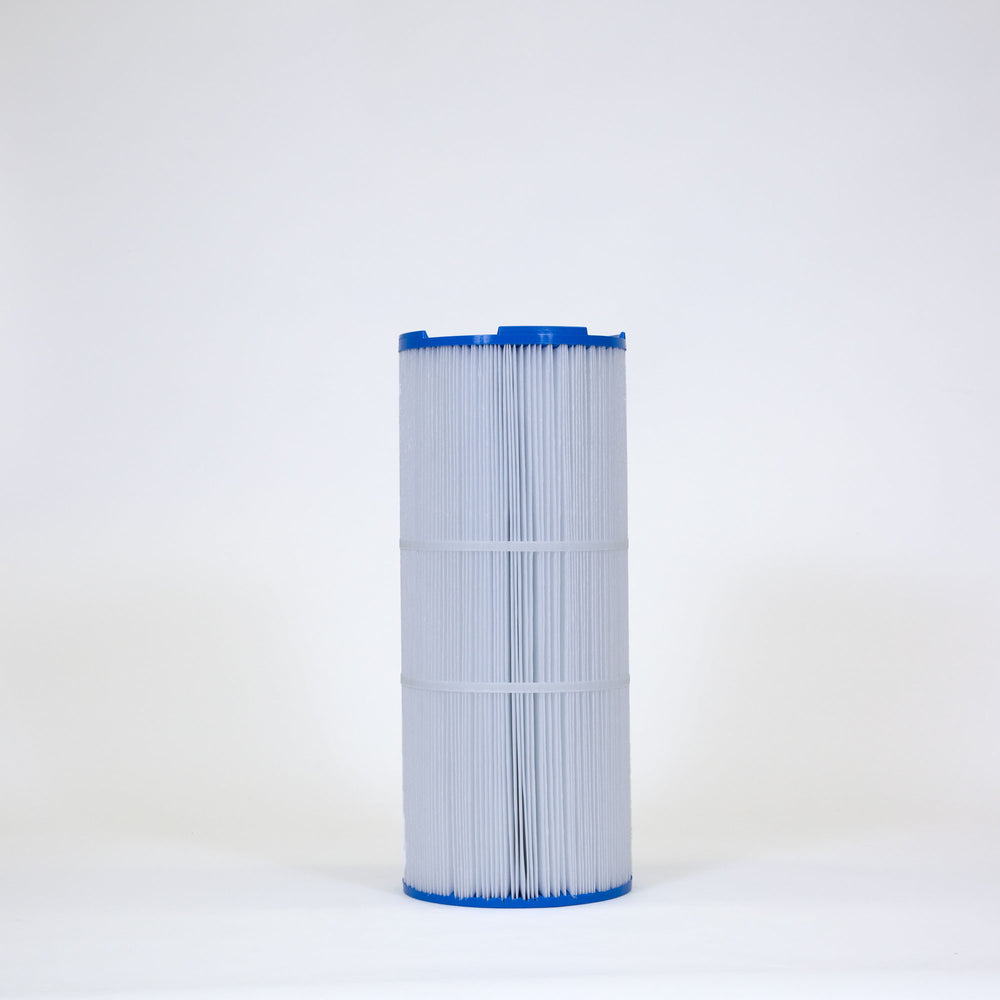 cylindrical white pleated filter cartridge with blue plastic ends standing upright on a white surface