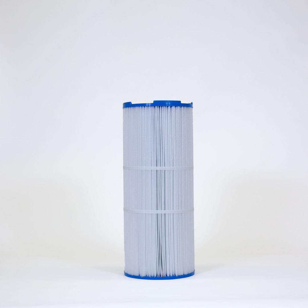 cylindrical white pleated filter cartridge with blue plastic ends standing upright on a white surface