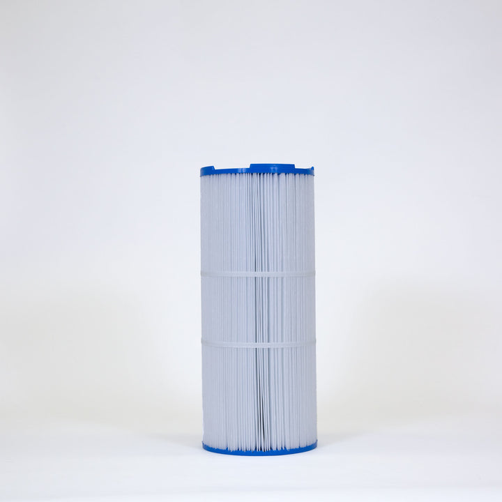 cylindrical white pleated filter cartridge with blue plastic ends standing upright on a white surface