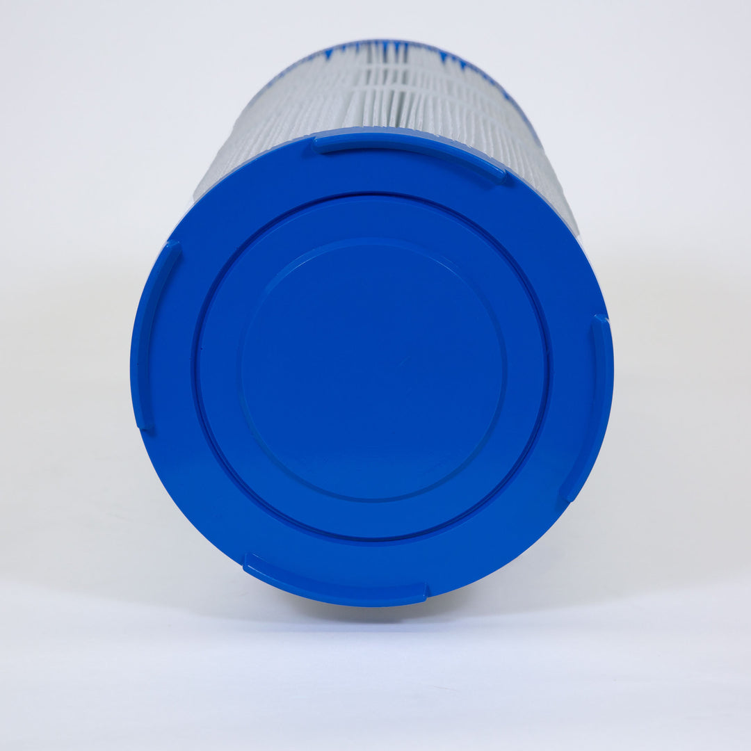 Cylindrical pool spa filter cartridge with blue plastic end caps and white pleated filter material wrapped around the sides