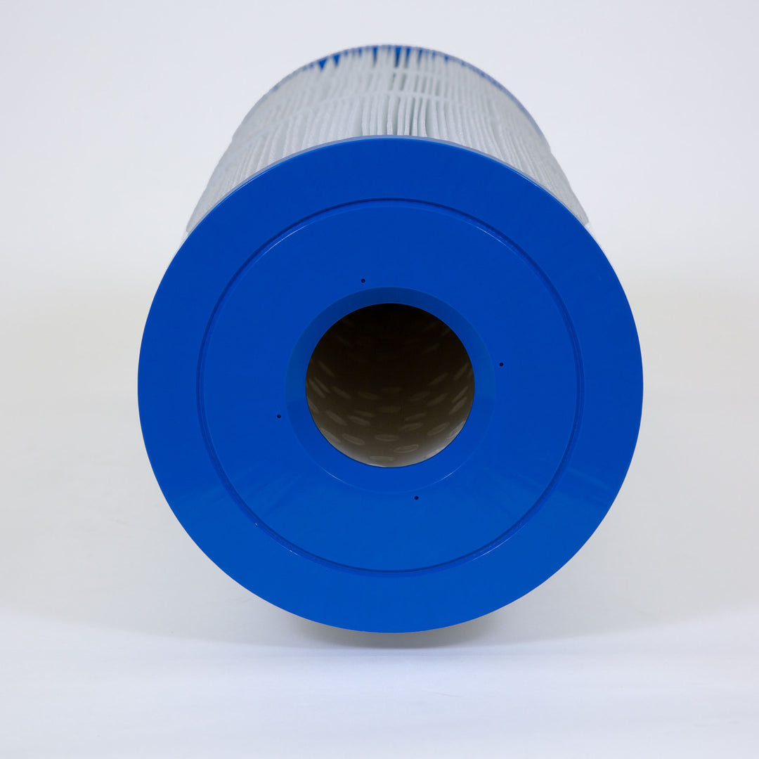 cylindrical white pleated filter cartridge with blue plastic ends shown from the top down on a white background