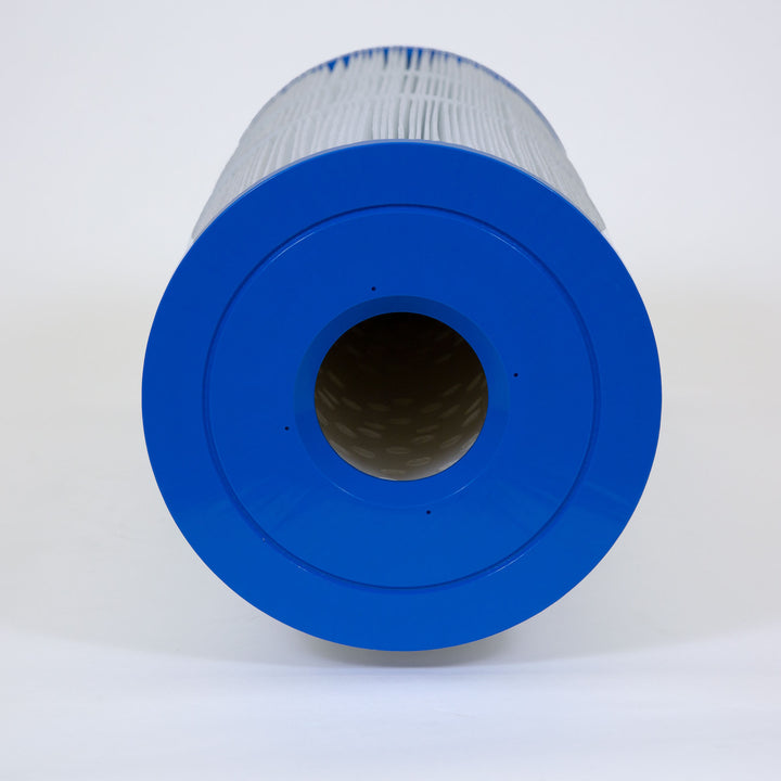 cylindrical white pleated filter cartridge with blue plastic ends shown from the top down on a white background