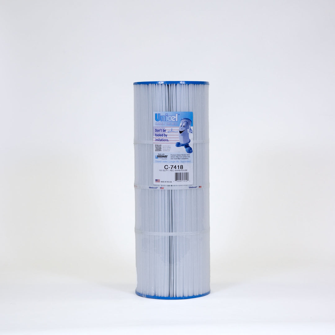 tall cylindrical pool filter cartridge with white pleated material and blue edges against a plain white background
