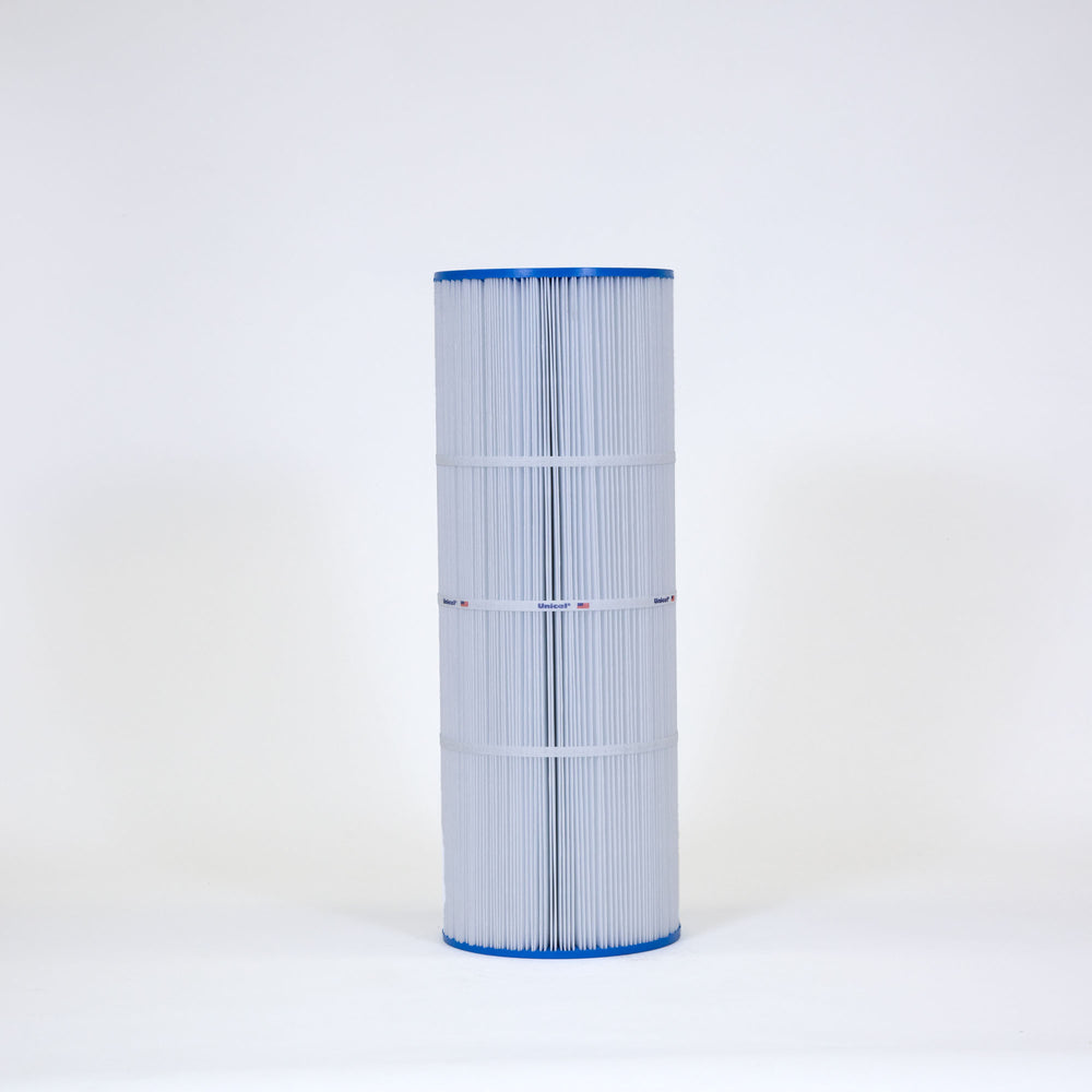 tall cylindrical replacement filter cartridge with blue edges and white pleated filtering material standing upright on white background