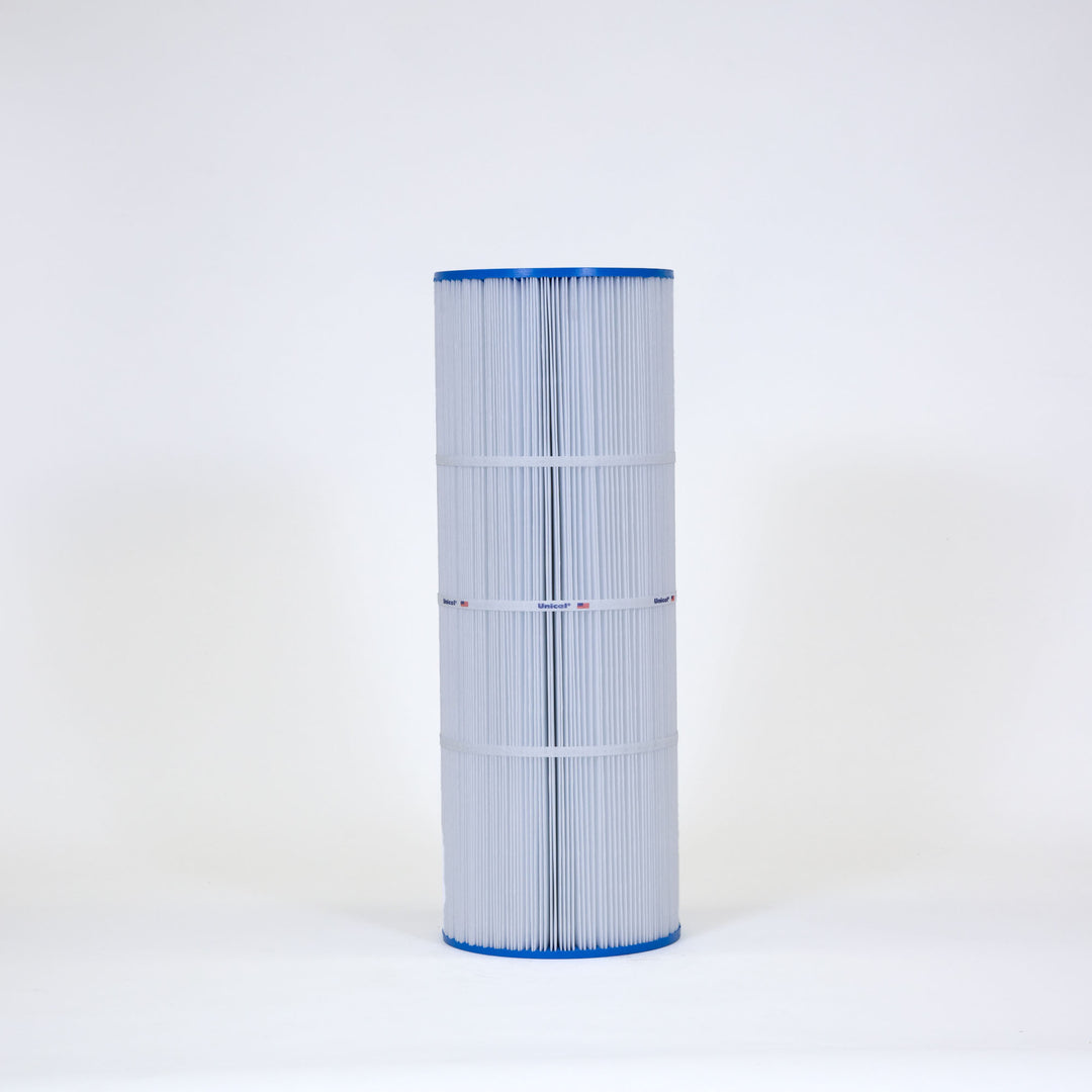tall cylindrical replacement filter cartridge with blue edges and white pleated filtering material standing upright on white background