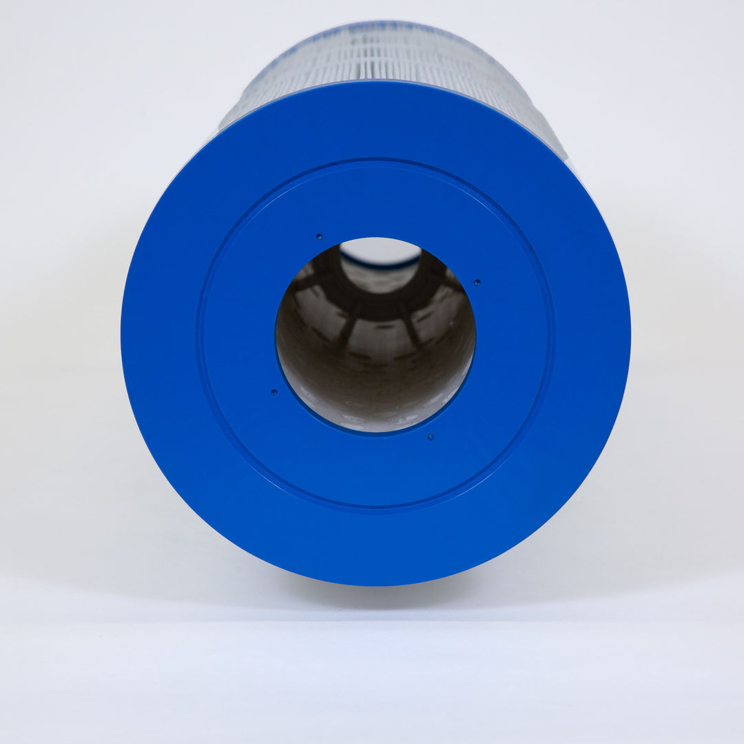 cylindrical pool filter cartridge with blue plastic end and gray pleated filtration material