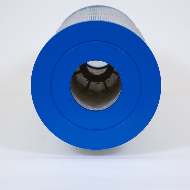 cylindrical pool filter cartridge with blue plastic end and gray pleated filtration material