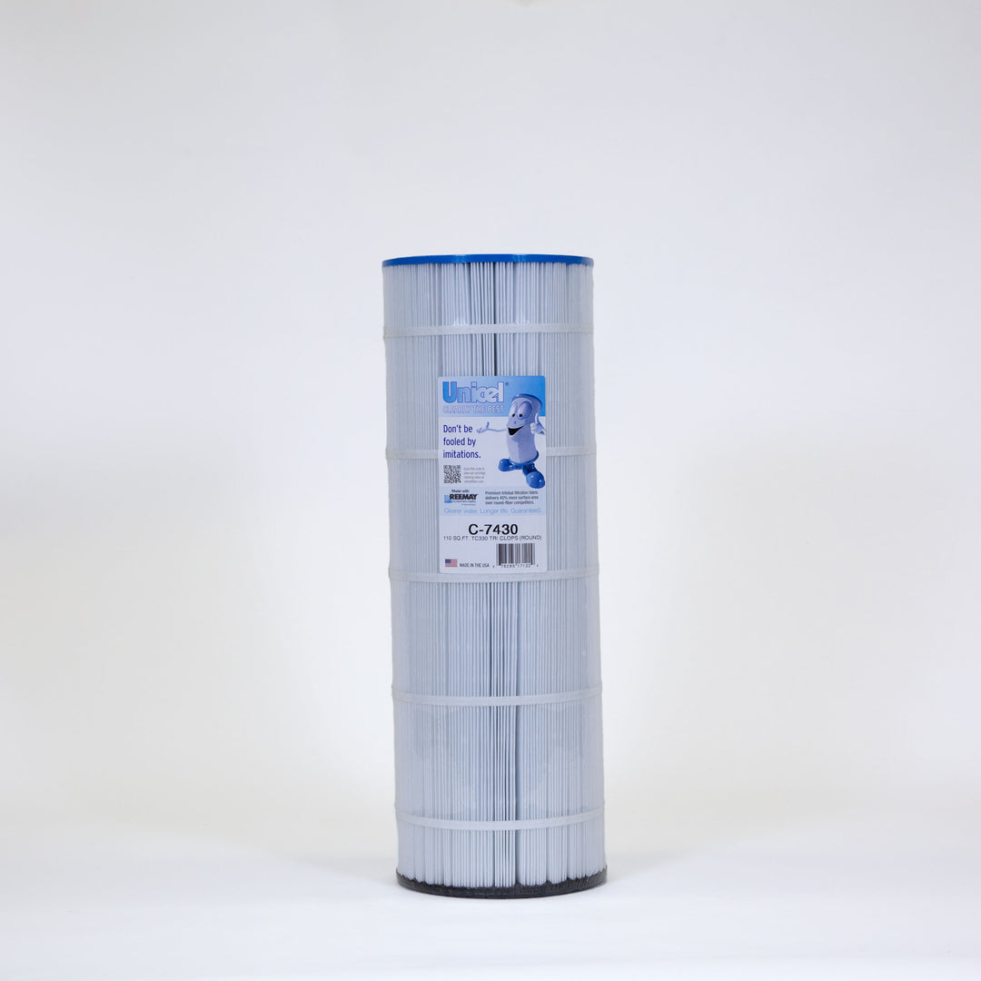 Tall cylindrical pool filter cartridge with white pleated material and blue top edge, labeled with Unicel brand and product details