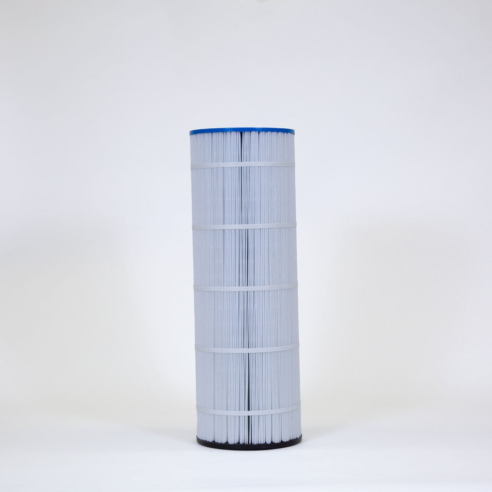 Tall cylindrical pool filter cartridge with blue top and black base featuring tightly pleated white filter material held by four horizontal bands