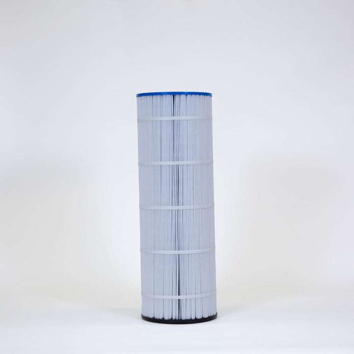 Tall cylindrical pool filter cartridge with blue top and black base featuring tightly pleated white filter material held by four horizontal bands