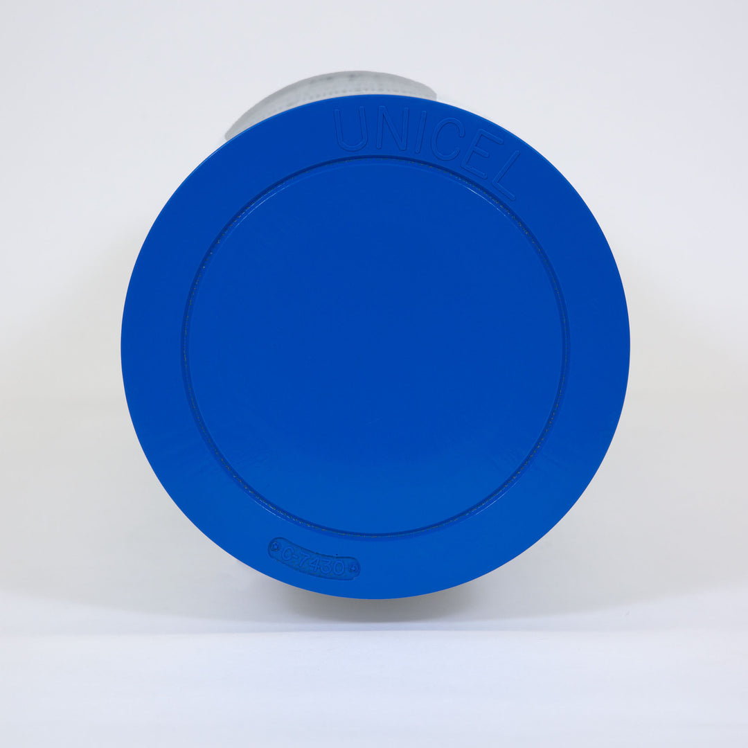 cylindrical pool filter cartridge with a bright blue plastic end cap labeled unicel and model number c-7430 against a white background