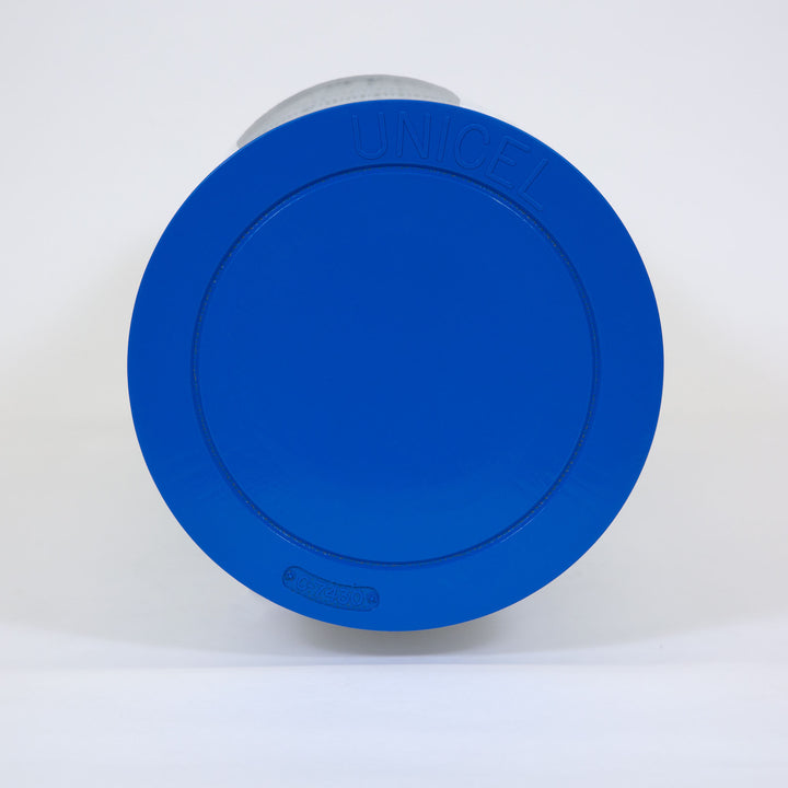 cylindrical pool filter cartridge with a bright blue plastic end cap labeled unicel and model number c-7430 against a white background