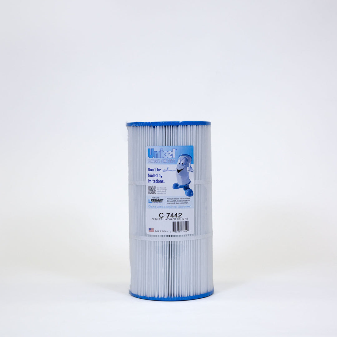 Tall cylindrical pool filter cartridge with white pleated fabric and blue plastic edges on a plain white background