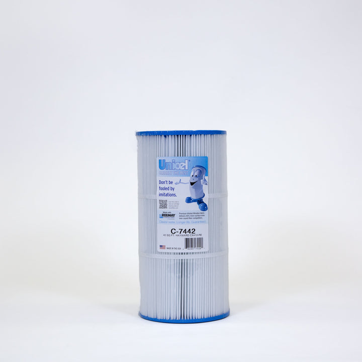 Tall cylindrical pool filter cartridge with white pleated fabric and blue plastic edges on a plain white background