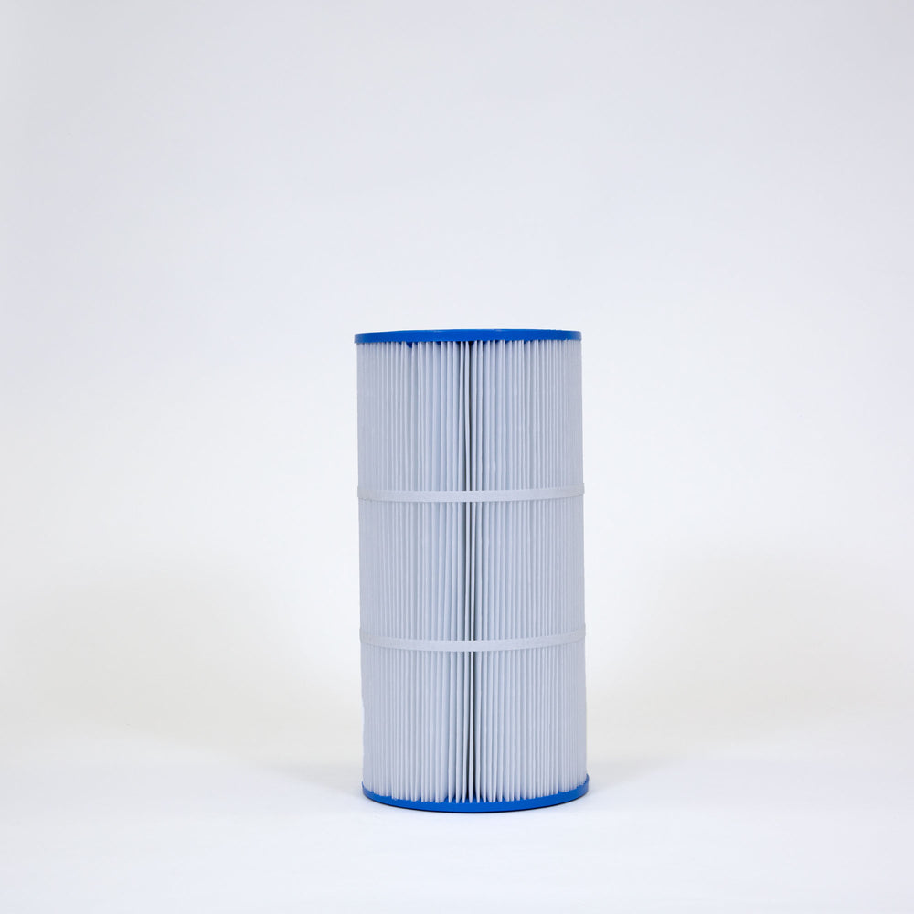 Cylindrical pool filter cartridge with blue plastic caps on top and bottom and pleated white filtering material