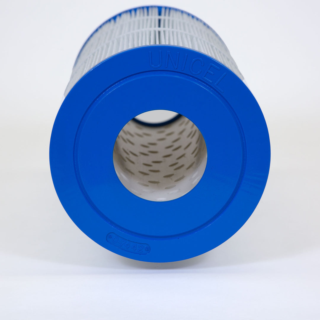 Cylindrical pool filter cartridge with blue end caps and white pleated filter material with perforated inner core