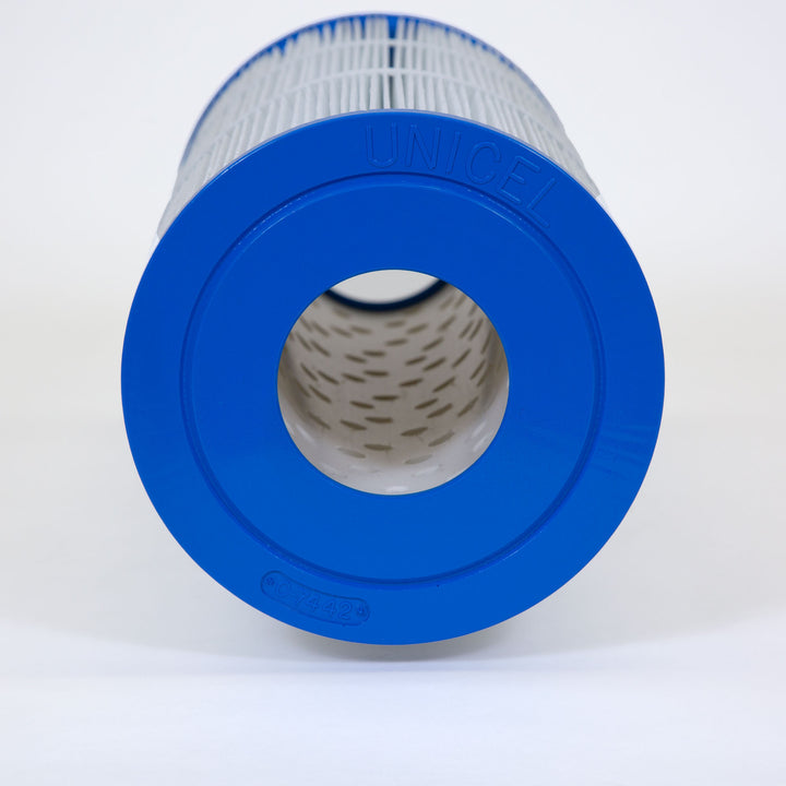Cylindrical pool filter cartridge with blue end caps and white pleated filter material with perforated inner core