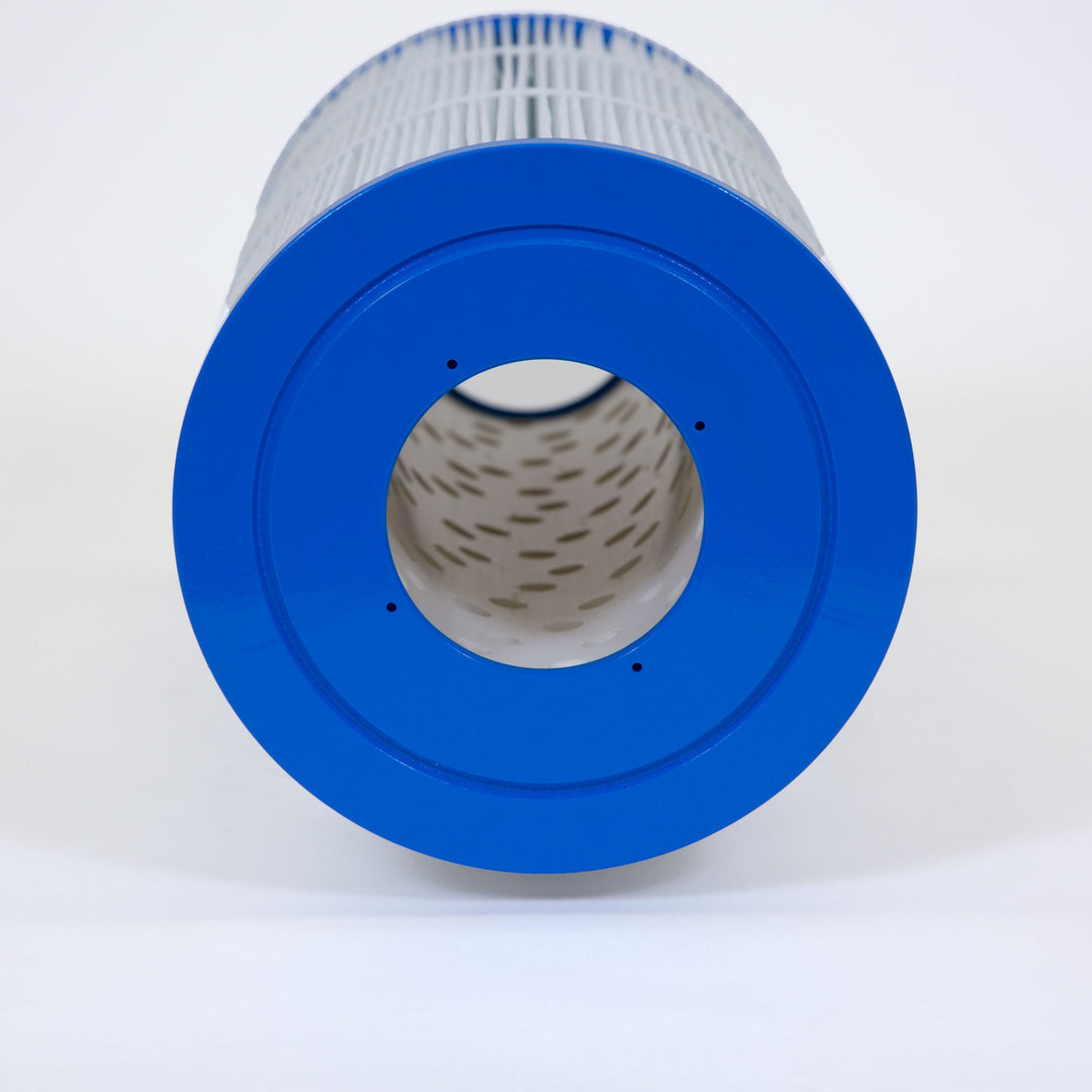 cylindrical water filter cartridge with a blue plastic end and white pleated filtering material on a white background
