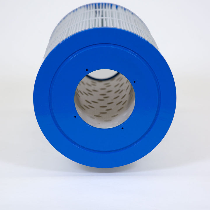 cylindrical water filter cartridge with a blue plastic end and white pleated filtering material on a white background
