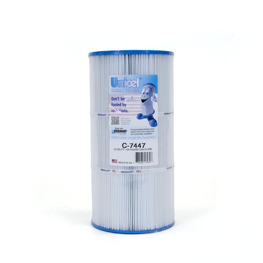 Cylindrical white pool filter cartridge with blue edges and label showing brand Unicel and model C-7447