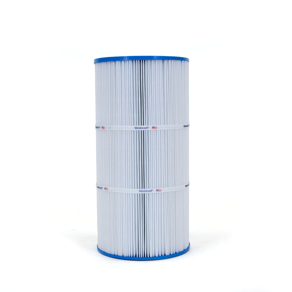 cylindrical pleated filter cartridge with blue plastic rims and two white bands labeled unicel on a white background