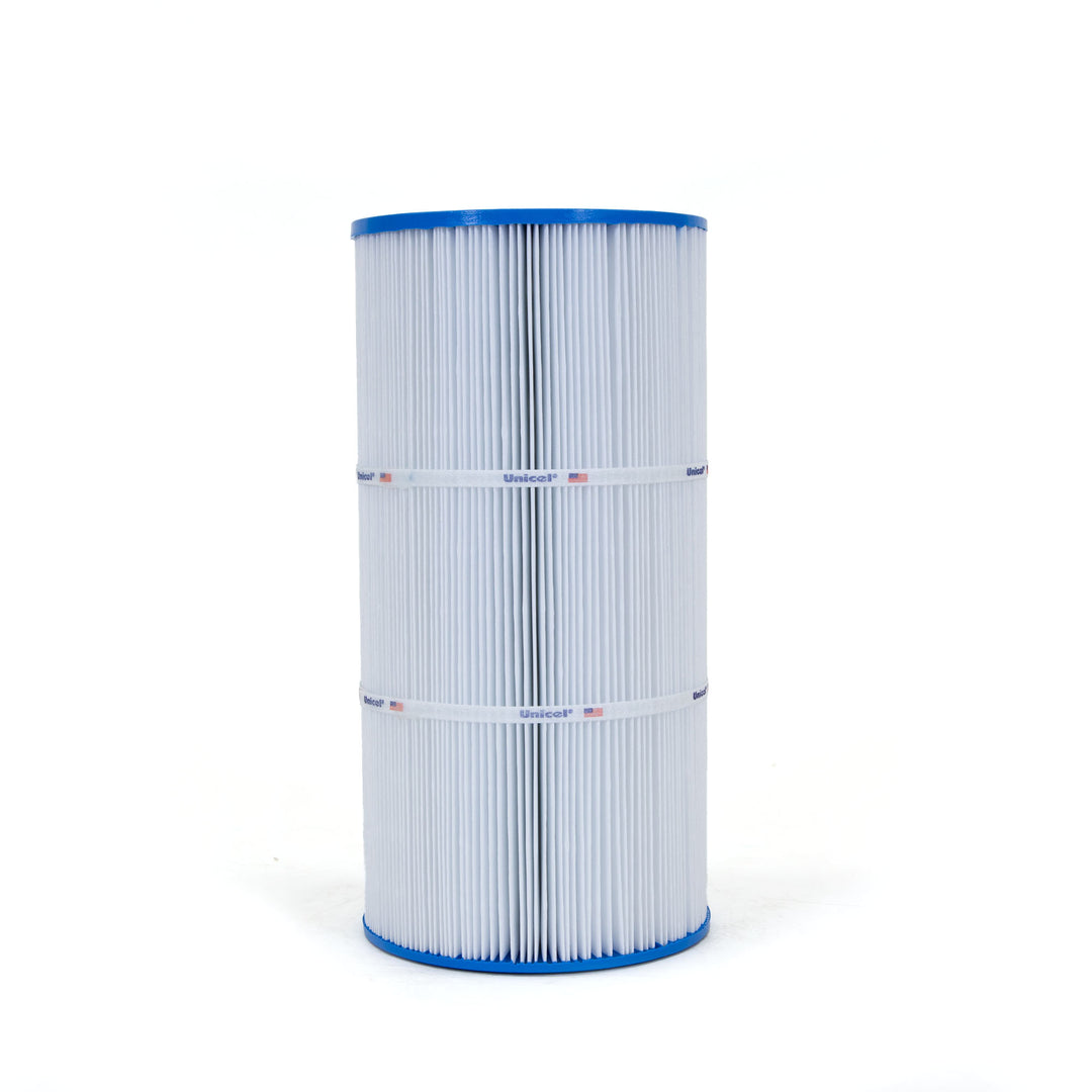 cylindrical pleated filter cartridge with blue plastic rims and two white bands labeled unicel on a white background