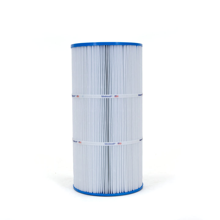 cylindrical pleated filter cartridge with blue plastic rims and two white bands labeled unicel on a white background