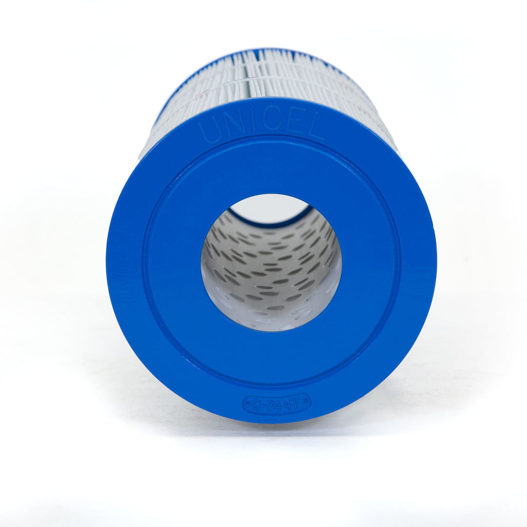 Replacement filter cartridge with blue end cap and pleated white filter material cylindrical shape