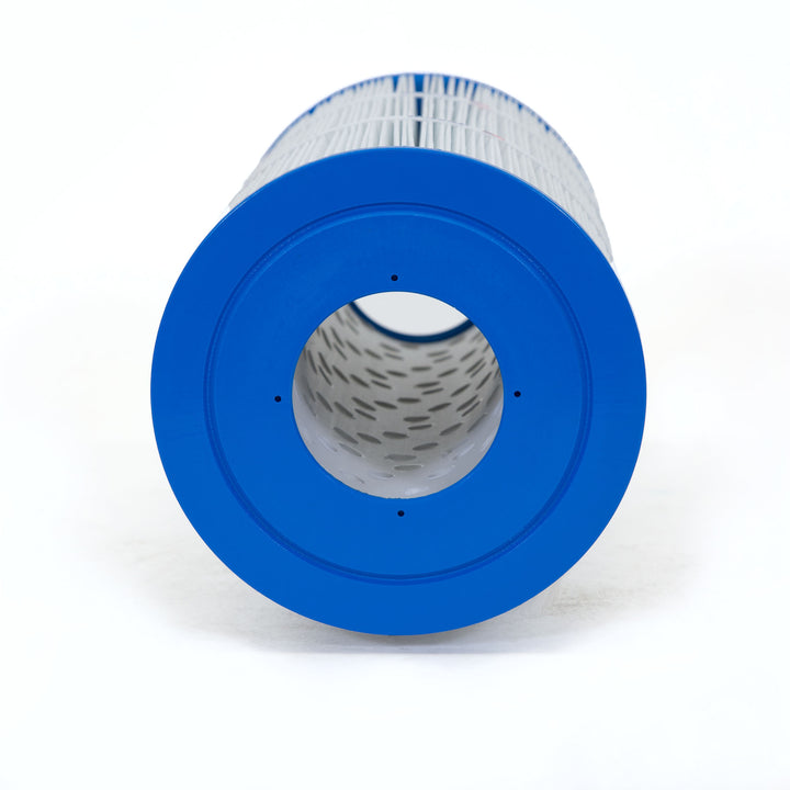 cylindrical replacement filter cartridge with blue plastic end caps and white pleated filter material around a perforated inner core
