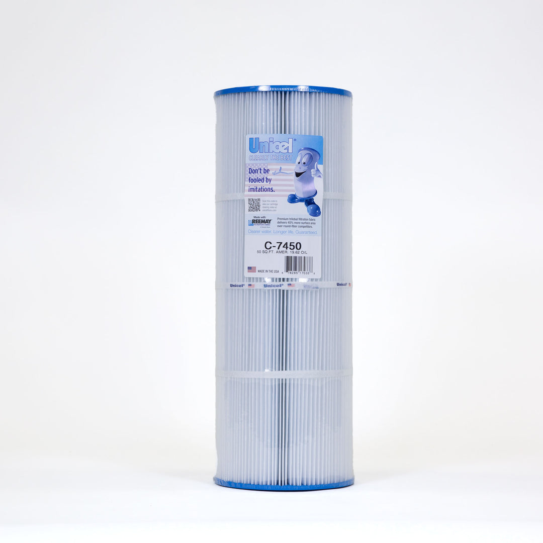Tall cylindrical pleated water filter cartridge with blue edges and a label featuring a cartoon filter character and product details