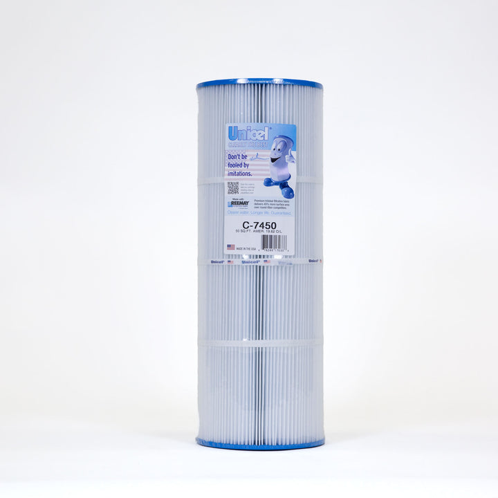 Tall cylindrical pleated water filter cartridge with blue edges and a label featuring a cartoon filter character and product details
