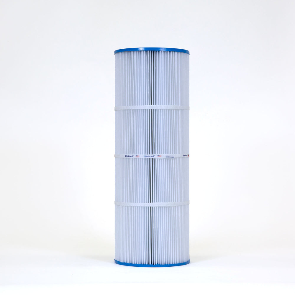 tall cylindrical pleated filter cartridge with blue end caps and white bands around the middle on a white background