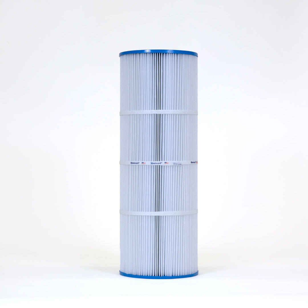tall cylindrical pleated filter cartridge with blue end caps and white bands around the middle on a white background