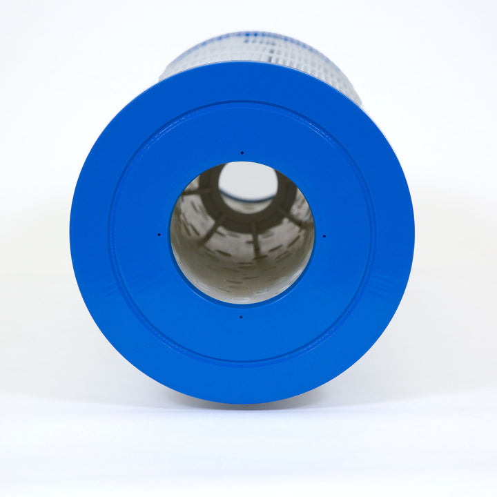 close-up view of a cylindrical filter cartridge with a blue plastic end cap and white pleated filter material inside