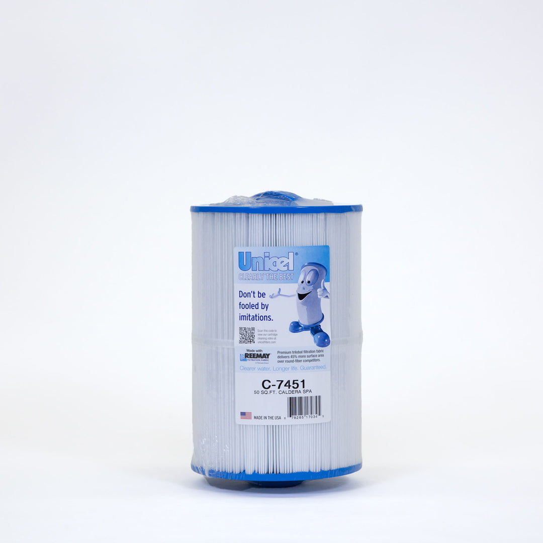 Cylindrical pool filter cartridge with blue end caps and pleated white filter material, featuring a label with cartoon character