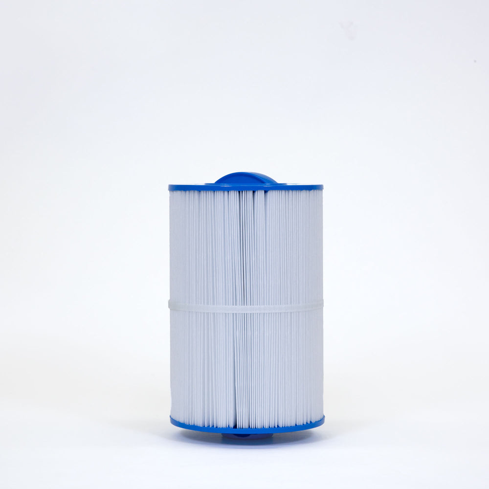 Cylindrical white pool or spa filter cartridge with blue plastic caps on both ends and a central white strap around pleated material
