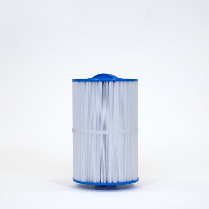 Cylindrical white pool or spa filter cartridge with blue plastic caps on both ends and a central white strap around pleated material