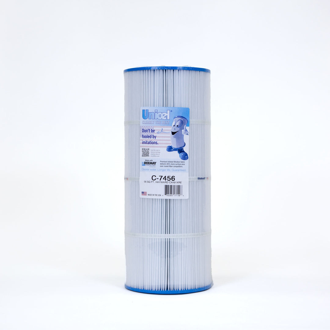 Tall cylindrical pool filter cartridge with blue caps and pleated white filtration material labeled with a sticker and logo