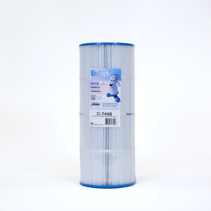 Tall cylindrical pool filter cartridge with blue caps and pleated white filtration material labeled with a sticker and logo