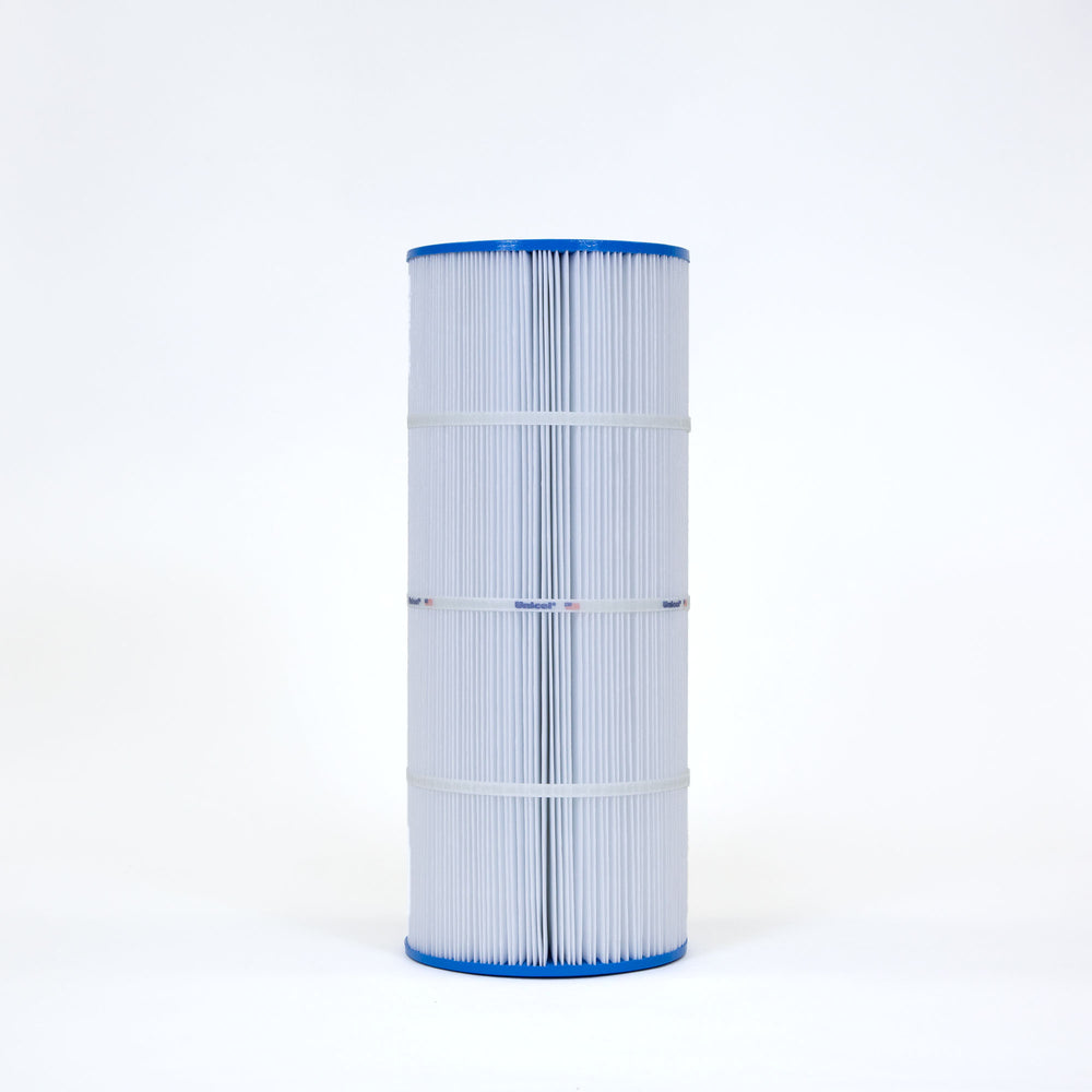 Tall cylindrical pool filter cartridge with white pleated material and blue plastic ends against plain white background