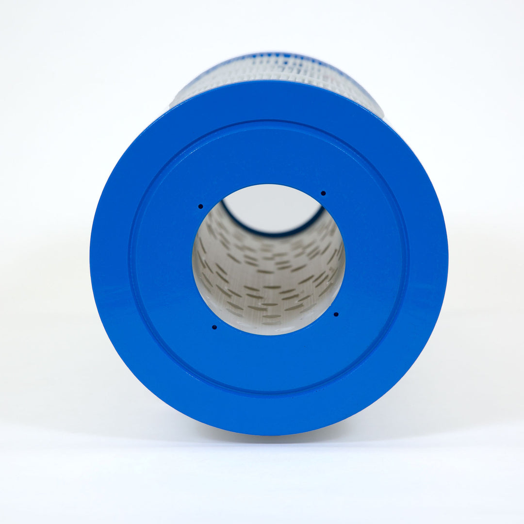 Blue circular pool filter cartridge end facing forward with white pleated filter material inside a cylindrical shape