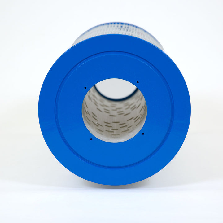Blue circular pool filter cartridge end facing forward with white pleated filter material inside a cylindrical shape