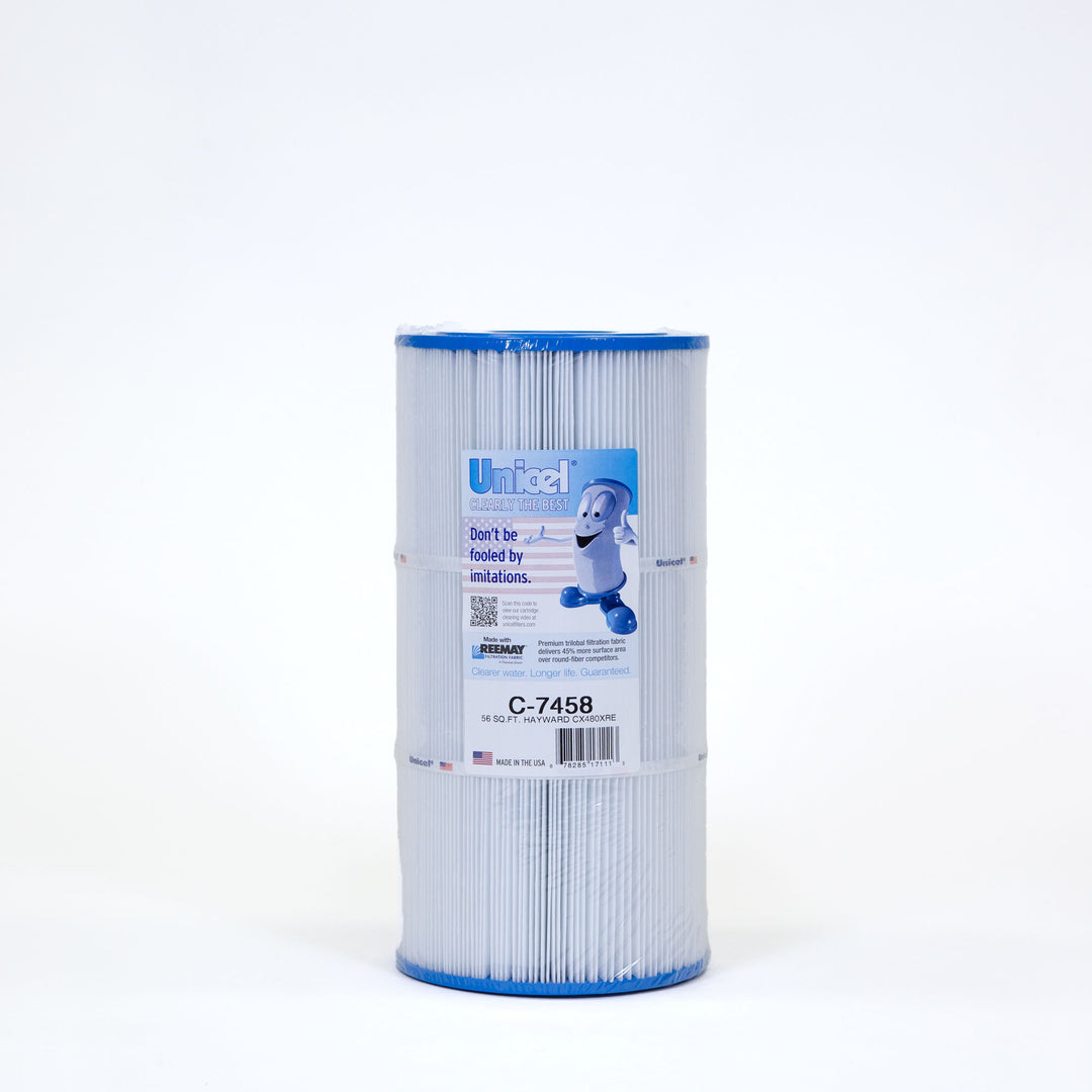 Cylindrical replacement filter cartridge with blue end caps and a label featuring product information and a cartoon filter character